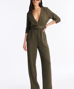 Running Around Belted Straight Leg Jumpsuit - Olive