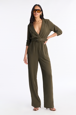 Running Around Belted Straight Leg Jumpsuit - Olive