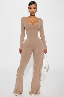 MC-0377 Carry Me Higher Long Sleeve Fringe Jumpsuit - Mocha