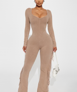 Carry Me Higher Long Sleeve Fringe Jumpsuit - Mocha