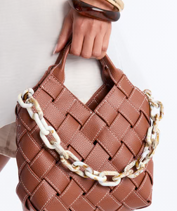 Martini On Hand Woven Faux Leather Satchel Handbag - Cognac