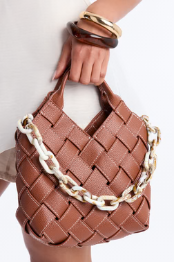 Martini On Hand Woven Faux Leather Satchel Handbag - Cognac