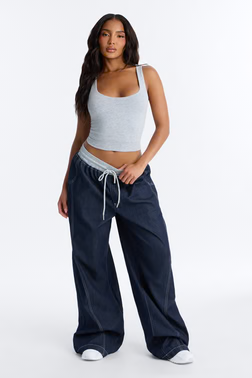 Maria Low Rise Drawstring Wide Leg Pant 33″ - Rinse Blue Wash