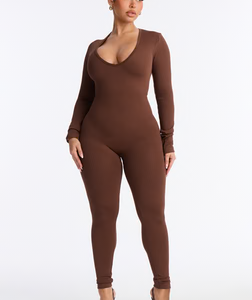 Carolina Ribbed Plunge Neck Catsuit - Chocolate