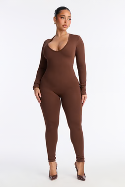 MC-0470 Carolina Ribbed Plunge Neck Catsuit - Chocolate