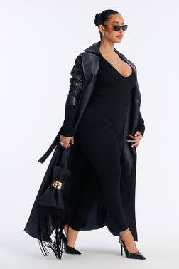 Carolina Ribbed Plunge Neck Catsuit - Black