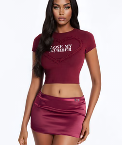 Lose My Number Short Sleeve Ruffle Baby Tee - Burgundy
