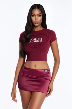 Lose My Number Short Sleeve Ruffle Baby Tee - Burgundy