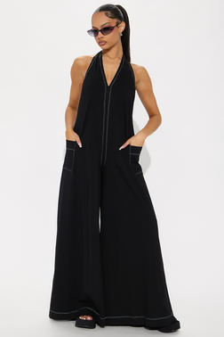 Linnet Tie Halter Wide Leg Jumpsuit - Black