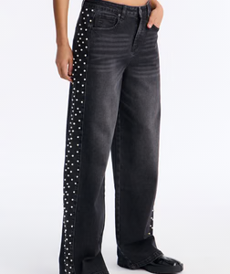 MC-0523 Pearls Of Wisdom Embellished Wide Leg Jeans - Black Wash