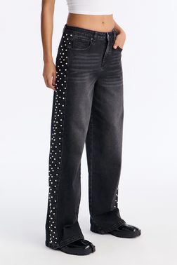 MC-0523 Pearls Of Wisdom Embellished Wide Leg Jeans - Black Wash