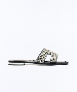 Kelssa Rhinestone Slip On Sandals - Black