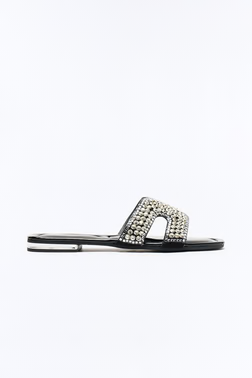Kelssa Rhinestone Slip On Sandals - Black