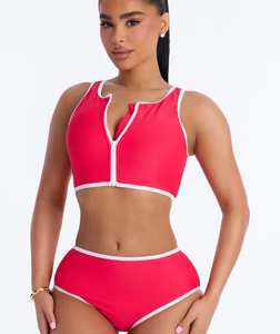 MC-0572 Waves Runner Colorblock Tank High Waist 2 Piece Bikini Bottom - Red/combo