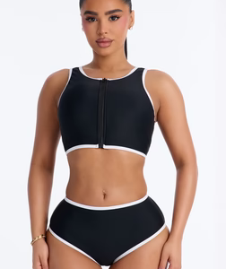 MC-0574 Waves Runner Colorblock Tank High Waist 2 Piece Bikini Bottom - Black/White