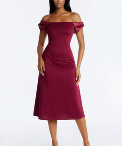 Wrap Me In A Bow Off Shoulder Scuba Midi Dress - Burgundy