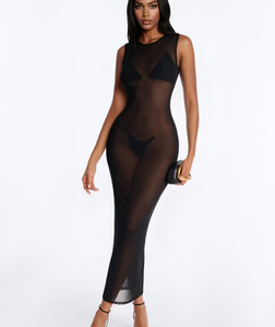 MC-0609 Barely There High Neck Mesh Maxi Dress - Black