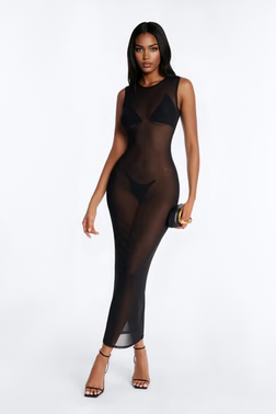 MC-0609 Barely There High Neck Mesh Maxi Dress - Black