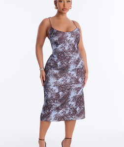MC-0613 Vivian Animal Satin Midi Dress - Brown/combo
