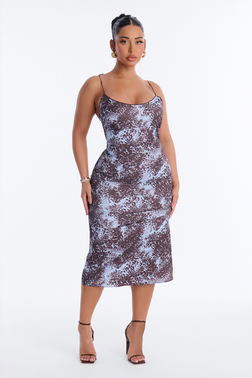 MC-0613 Vivian Animal Satin Midi Dress - Brown/combo