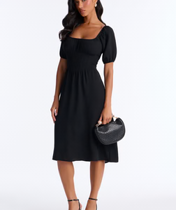 Raya Short Sleeve Bow Midi Dress - Black