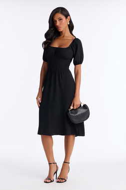 Raya Short Sleeve Bow Midi Dress - Black